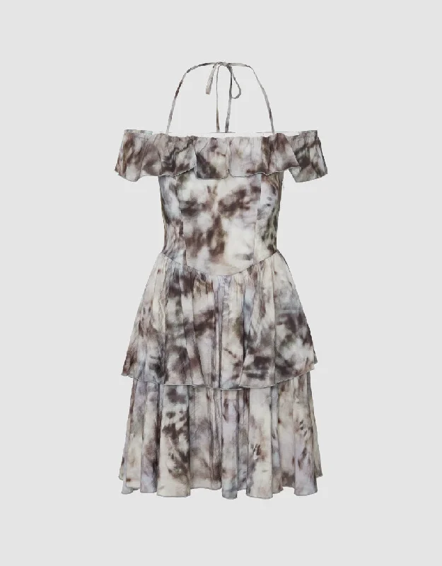 Halter Neck Off-Shoulder Printed A-Line Dress