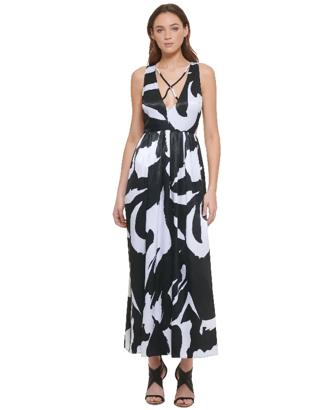 Women's Crisscross V-Neck Sleeveless Printed Dress