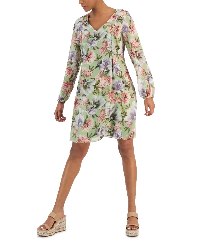 Women's Floral-Print Tie-Back Long-Sleeve Dress