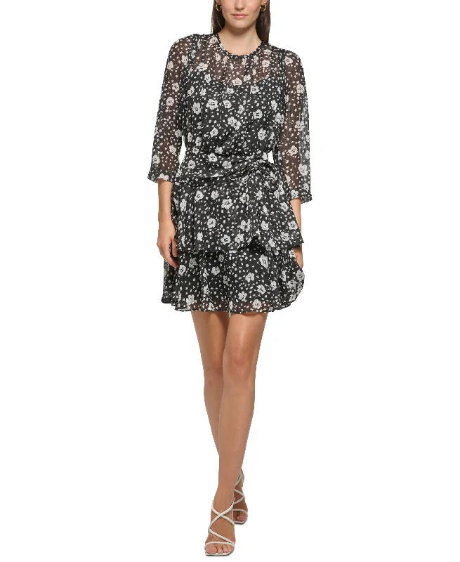 Women's Printed 3/4-Sleeve Ruffle-Hem Dress