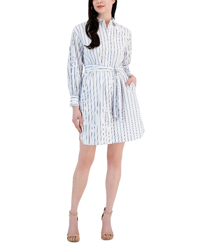 Women's Striped Collared Button Sash Shirtdress