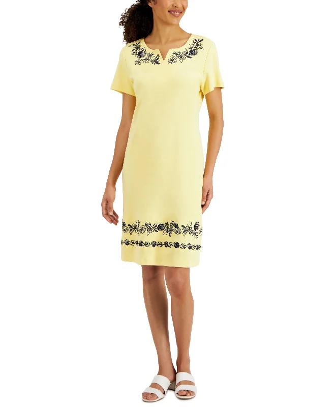 Karen Scott Womens Embroidered Split Neck Dress