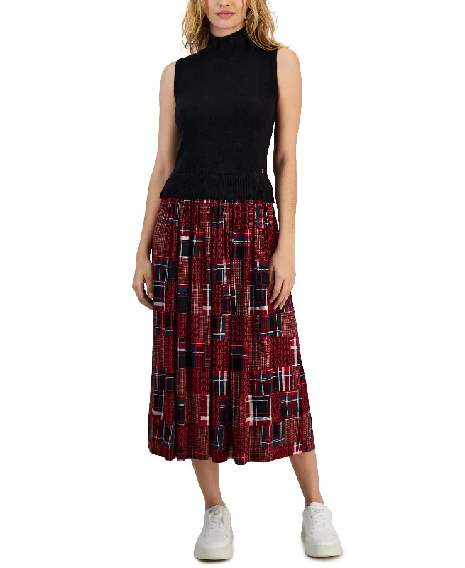 Women's Plaid-Skirt Sleeveless Sweater Dress