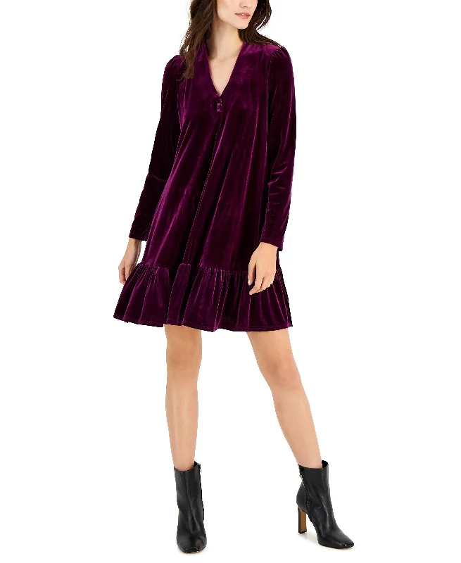 Women's V-Neck Long-Sleeve Trapeze Velvet Dress