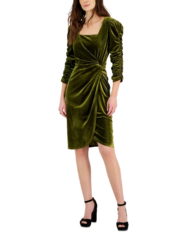 Tahari Asl Womens Velvet Square-Neck Ruched-Sleeve Dress