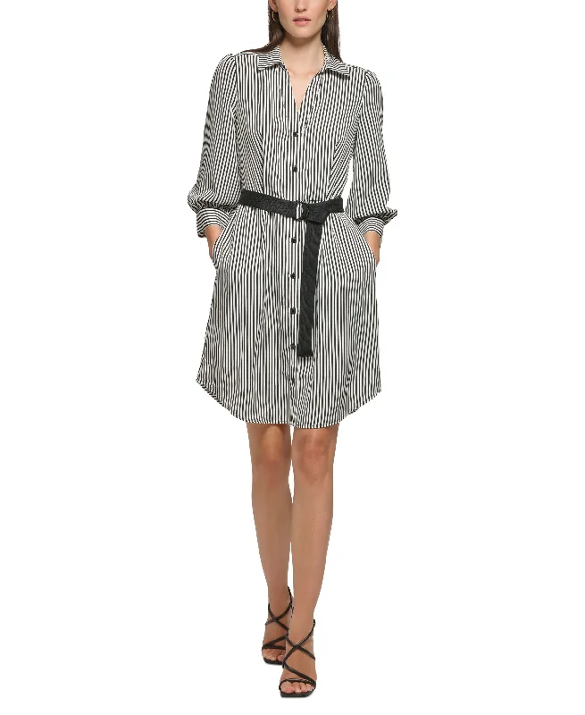 Women's Striped 3/4-Sleeve Belted Shirtdress